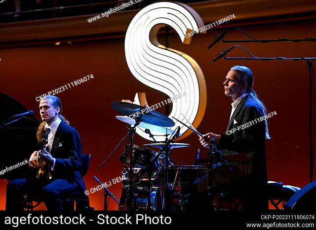 Guitarist David Herzig and drummer Jakub Sindler perform at a concert of Bert & Friends within the Prague Sounds music festival, in Rudolfinum Dvorak Hall