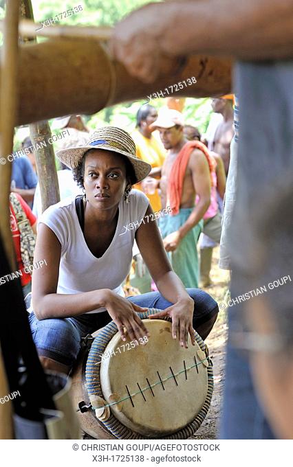 woman playing drums, Fonds-Saint-Denis, Martinique, french island overseas region and department in the Lesser Antilles in the eastern Caribbean Sea