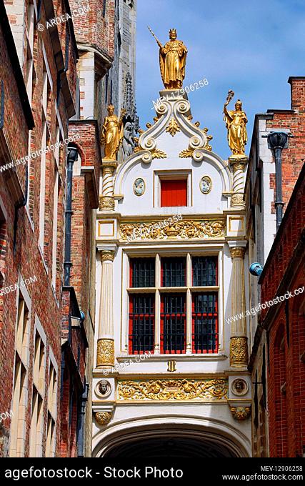 Covered arch between the City Hall, the Stadhuis, and Old Civil Registry leading into Burg Square, Bruges, Belgium
