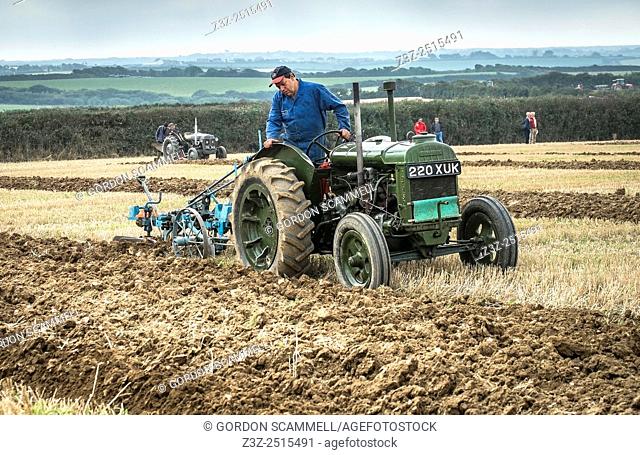 A farmer competing in a ploughing competition on The Lizard in Cornwall