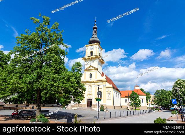 Stupava (Stampfen), Main Square Namestie sv. Trojice with Catholic Church in Slovakia