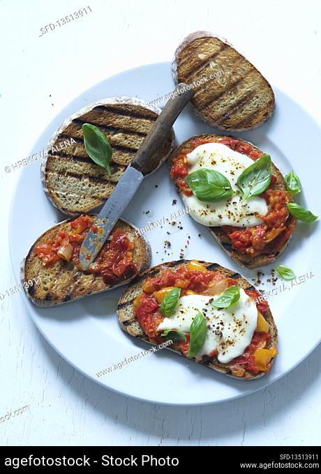 Grilled bread with tomatoes and mozzarella cheese