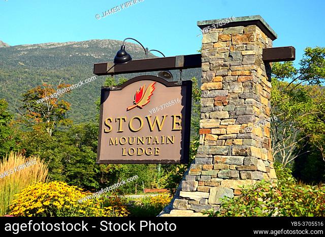 A rustic sign welcomes guests to the Stowe Mountain Lodge in Vermont