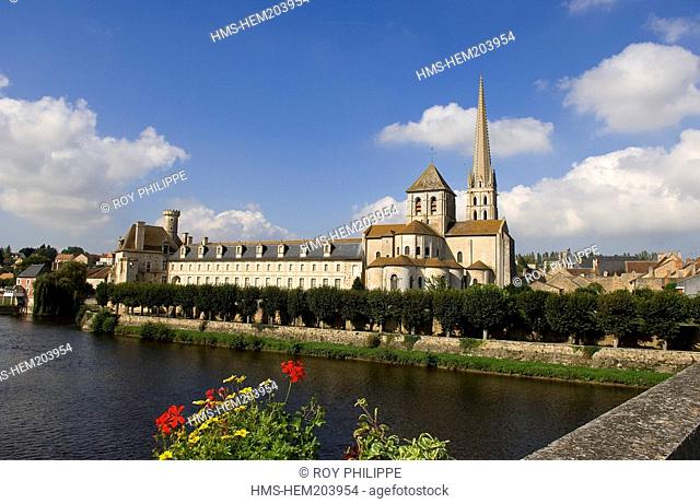 France, Vienne, Saint Savin, chevet of romanesque church and monastery of Abbey, listed as World Heritage by UNESCO, and river Gartempe