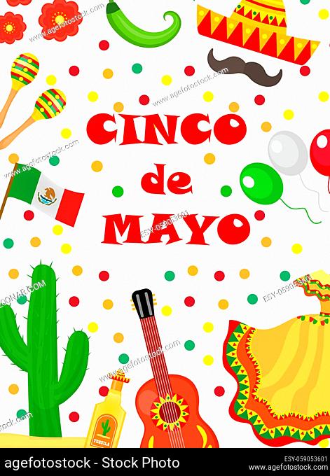 Cinco de Mayo greeting card, template for flyer, poster, invitation. Mexican celebration with traditional symbols. illustration