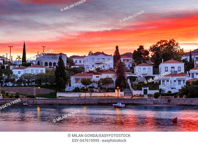 Evening view of Spetses village from the harbour pier, Greece.