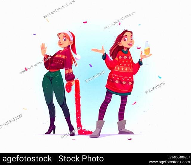 Young women in ugly sweaters celebrate Christmas and New Year. Vector cartoon illustration for xmas greeting card with girls in knit jumpers and red santa hat...