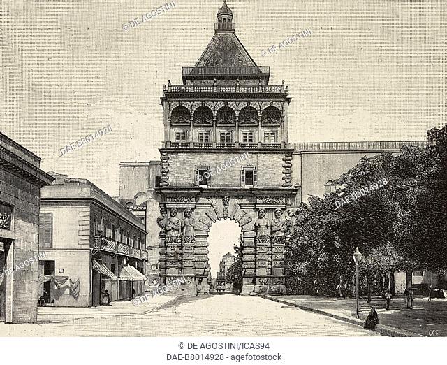 Porta Nuova, Palermo, Italy, engraving from L'Illustrazione Italiana, year 18, no 45, November 8, 1891