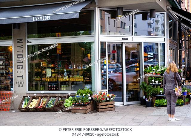 Nytorget deli and ecological grocery store exterior SoFo the South of Folkungagatan area Södermalm district Stockholm Sweden Europe