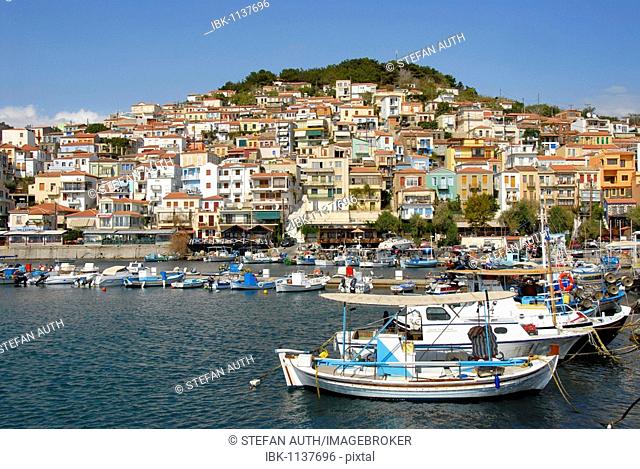 City on the harbour with fishing boats, Plomari, Lesbos island, Aegean Sea, Greece, Europe