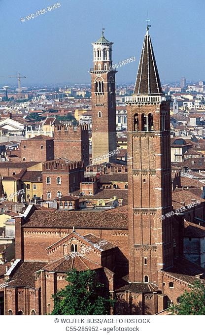 View to the tower of Santa Anastasia church (right)  and Torre dei Lamberti. Verona. Veneto, Italy