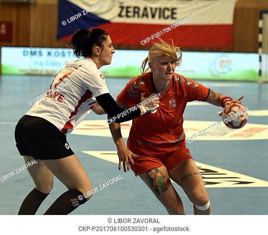 From left Betul Yilmaz from Turkey and Petra Ruckova from Czech in action during the match Czech Republic vs Turkey in women's handball World Cup first...