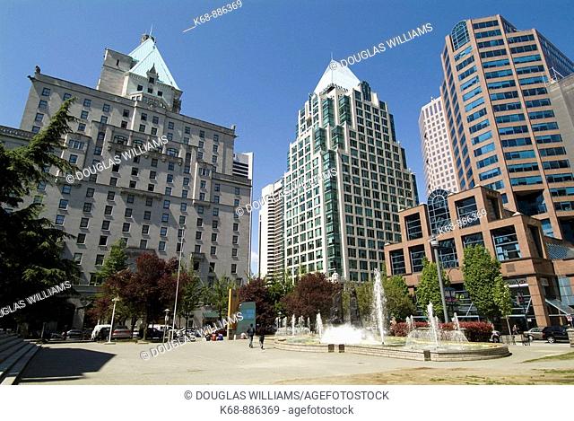 robson Square, downtown Vancouver, showing left to right the Hotel Vancouver, Cathedral Place and the HSBC bank
