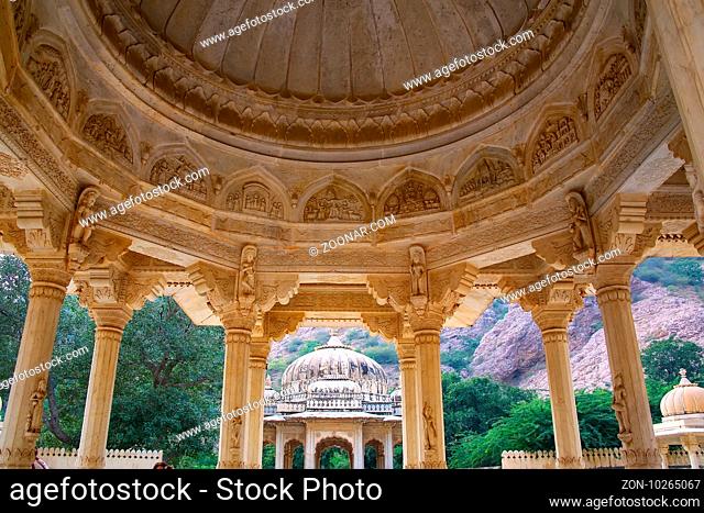 Detail of the carved dome at Royal cenotaphs in Jaipur, Rajasthan, India. They were designated as the royal cremation grounds of the mighty Kachhawa dynasty