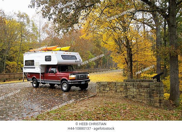 Pickup Truck Camper, Fall, colours, colors, Forest, Mammoth Cave National Park, Kentucky, USA
