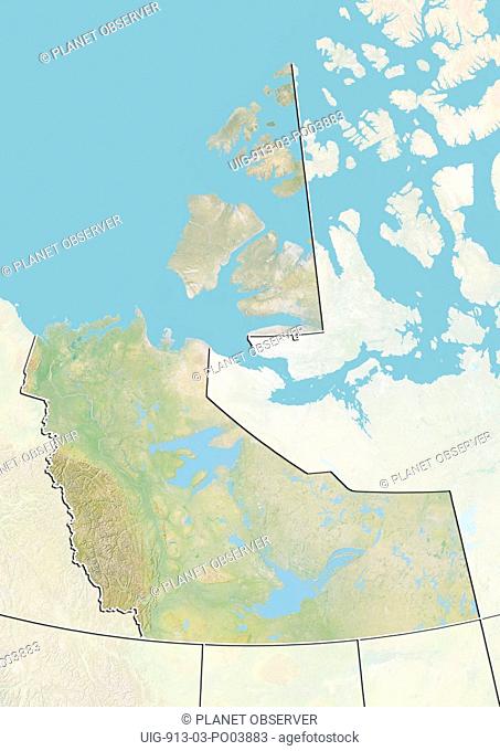 Relief map of the Northwest Territories, Canada. This image was compiled from data acquired by LANDSAT 5 & 7 satellites combined with elevation data