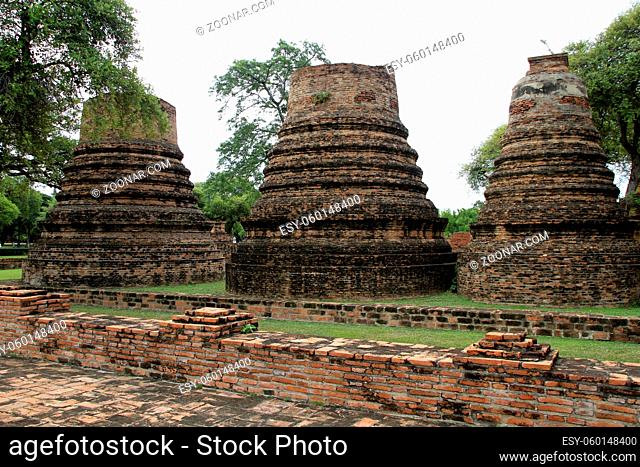 Three brick stupas in Ayutthaya, Thailand