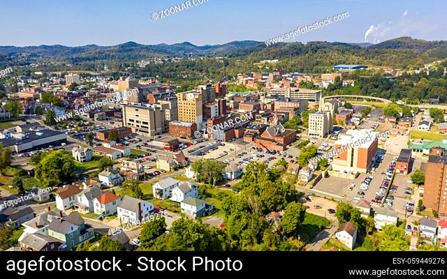 Aerial View Downtown Metro Area in and around Clarksburg WV USA