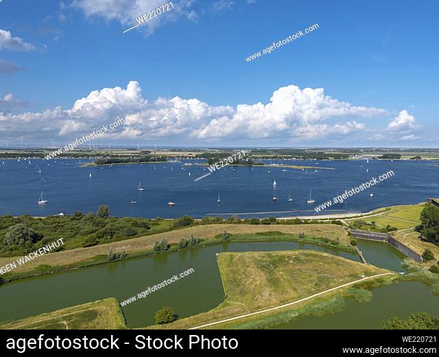 Aerial view with view over Veerse Meer, Veere, Zeeland, Netherlands, Europe