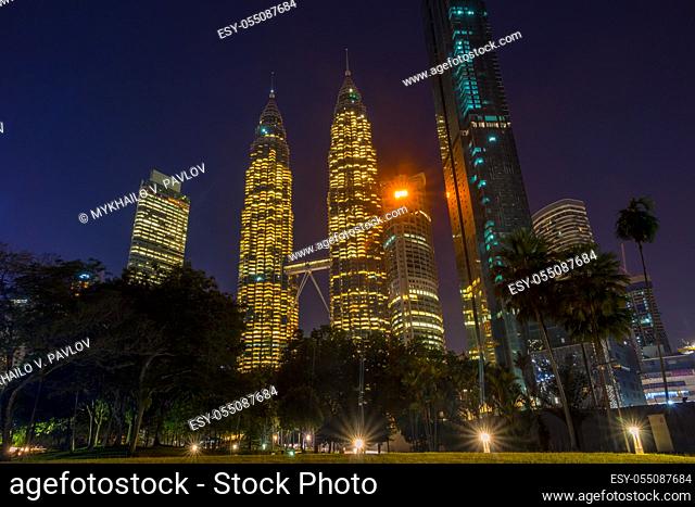 Malaysia. Skyscrapers of Kuala Lumpur. Night Park and Twin Towers Petronas