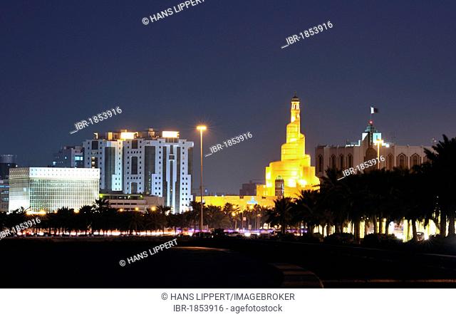 Evening mood, spiral-shaped tower of Fanar, Qatar Islamic Cultural Center, Doha, Qatar, Arabian Peninsula, Persian Gulf, Middle East, Asia