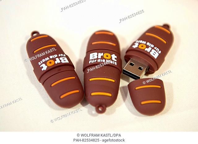 USB sticks with the logo of Evangelical relief organization 'Brot fuer die Welt' can be seen at a balance-sheet press conference in Berlin,  Germany
