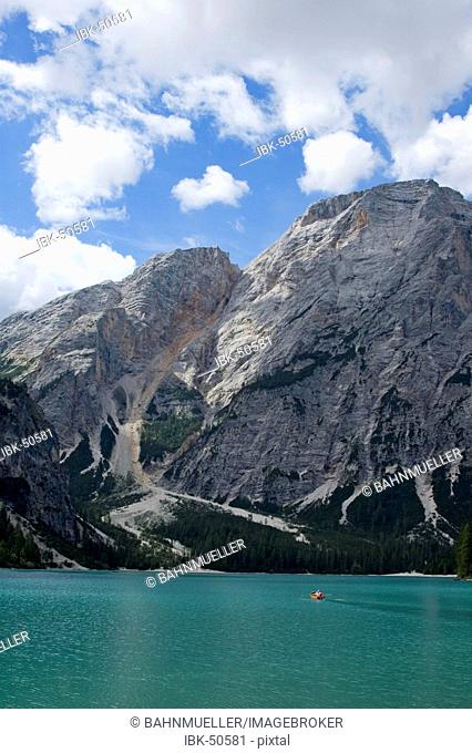 At the Pragser Lake Lago di Braies in the Puster valley South Tyrol Suedtirol Italy with the Seekofel Croda di Becco