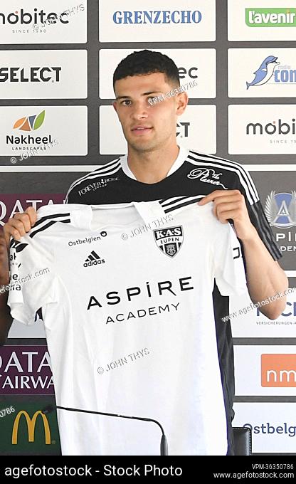 Eupen's new player Isaac Christie-Davies talks to the press after a training session ahead of the 2022-2023 season, of Belgian first division soccer team KAS...