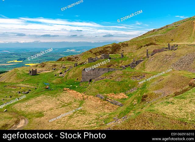 View over the Shropshire landscape from Titterstone Clee near Cleeton, Shropshire, England, UK - with ruins of old Quarry builings