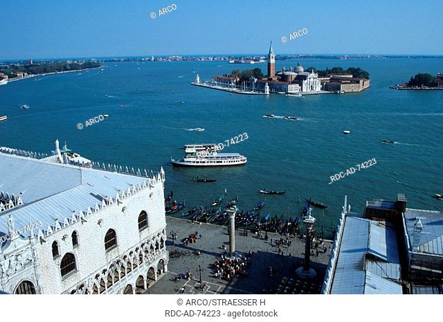 View from Campanile di San Marco to Doge's Palace and Isle San Giorgio Maggiore at Canale di San Marco, Venice, Italy