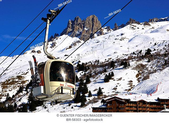 Cable car in Meribel-Mottaret, ski resort Trois Vallees, France