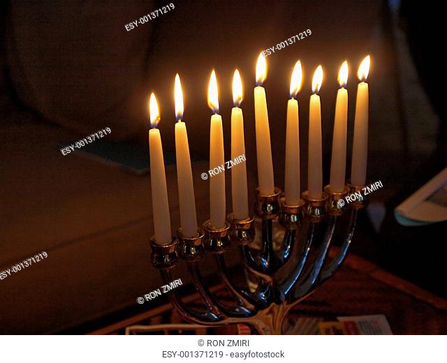 Traditional Jewish Hanukkah menorah with candles