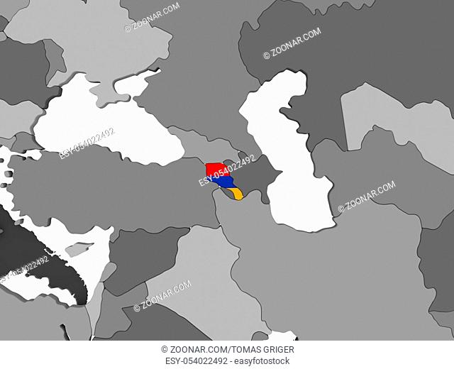 Armenia on gray political globe with embedded flag. 3D illustration