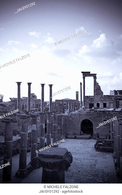 Syria, Bosra, ruins of the ancient Roman town a UNESCO site, Decumanus main east-west colonnaded street