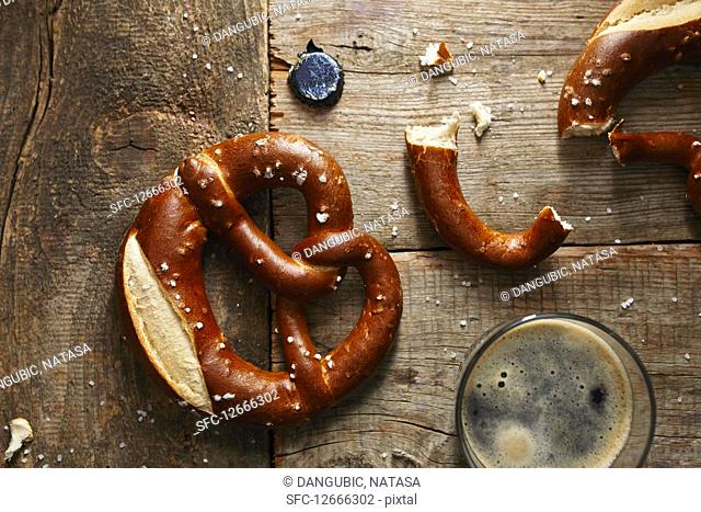 Bavarian pretzels with glass of dark beer