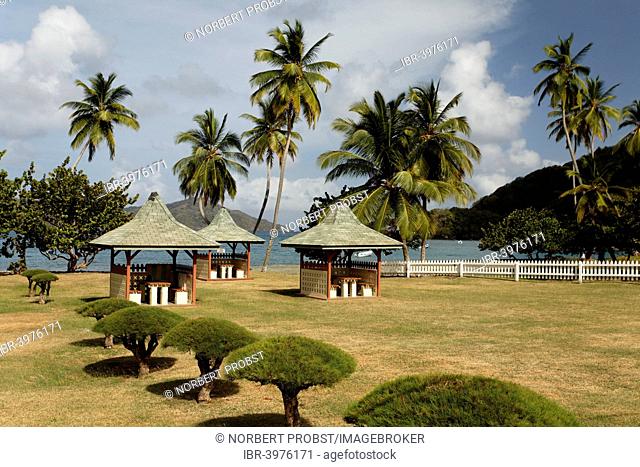 Barbecue huts on the beach, coconut trees, Speyside, Tobago, Trinidad and Tobago