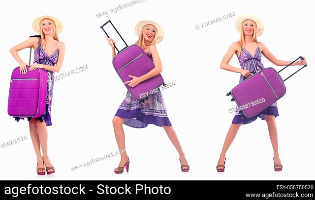Beautiful woman with suitcase isolated on white
