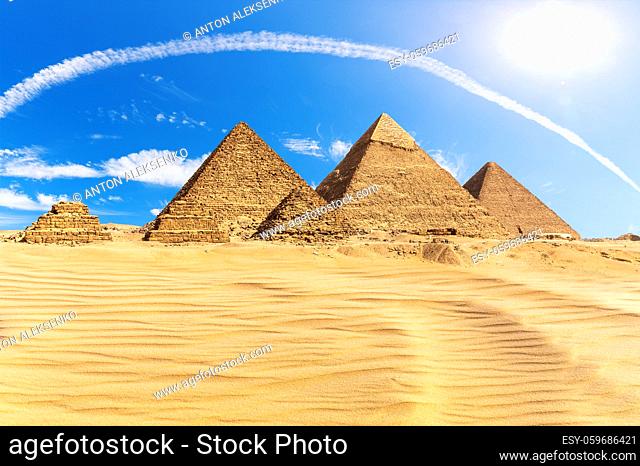 The Great Pyramids of Giza in the desert, Egypt