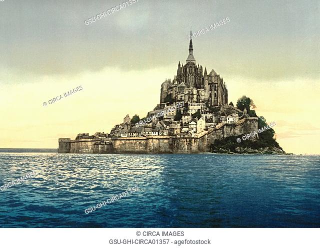 East coast at High Water, Mont Saint-Michel, France, Photochrome Print, circa 1900