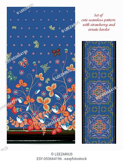 Set of seamless vector vertical pattern with Decorative brown strawberry and butterfly ornament on blue background and ornate border