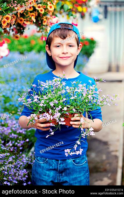 boy, garden, flower pot, garden center