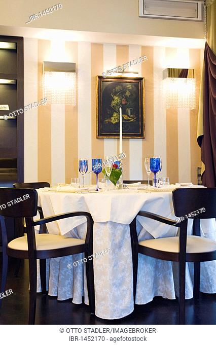 Set table in the top class restaurant Aquamatta, Capolona, Tuscany, Italy, Europe