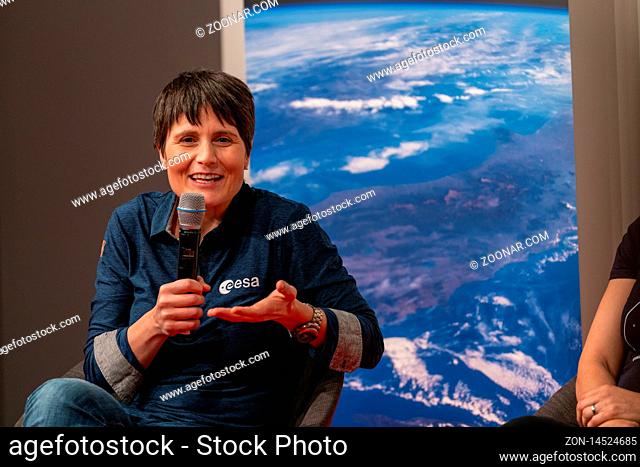 FRANKFURT AM MAIN, Germany - October 19 2019: Samantha Cristoforetti (*1977, Italian ESA astronaut) talking on stage at 71st Frankfurt Book Fair / Buchmesse...