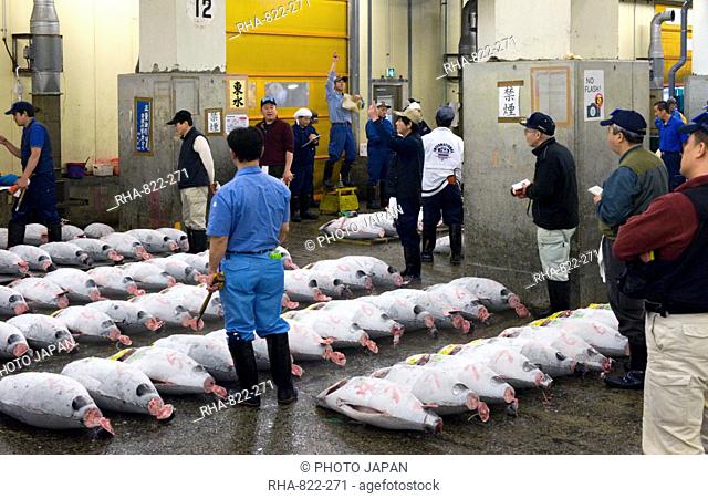 Tuna auction under way at Tsukiji Wholesale Fish Market, the world's largest fish market in Tokyo, Japan, Asia