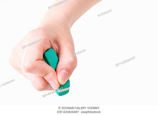 front view of hand with new rubber eraser isolated