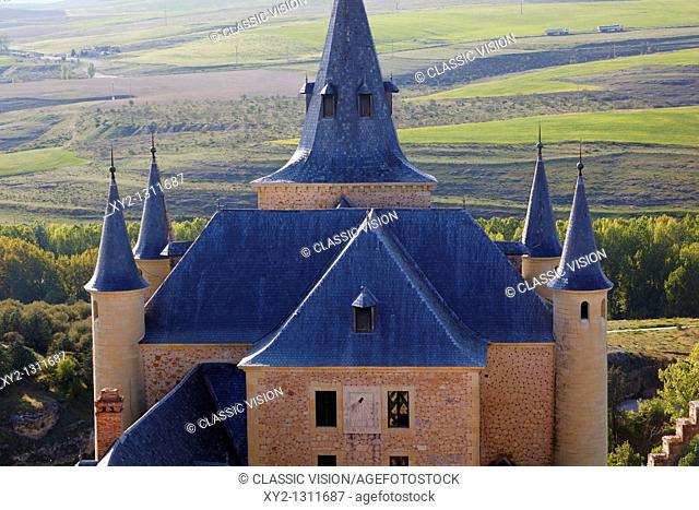Segovia, Segovia Province, Spain  Spires of the Alcazar overlooking surrounding countryside
