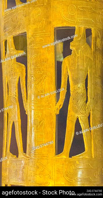 Egypt, Cairo, Egyptian Museum, from the tomb of Yuya and Thuya in Luxor, detail of the gilded bands for Thuya mummy, made of cloth and plaster : 2 figures of...