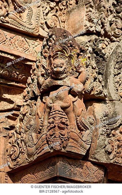 Mythological figure with a frightening face, guardian of the inner shrine, Banteay Srei temple, Citadel of Women, Angkor, Cambodia, Southeast Asia, Asia