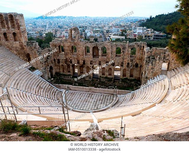 The Odeon or Theatre of Herodes Atticus, on the south slope of the Acropolis of Athens. It was built in 161 AD by the Athenian magnate Herodes Atticus in memory...