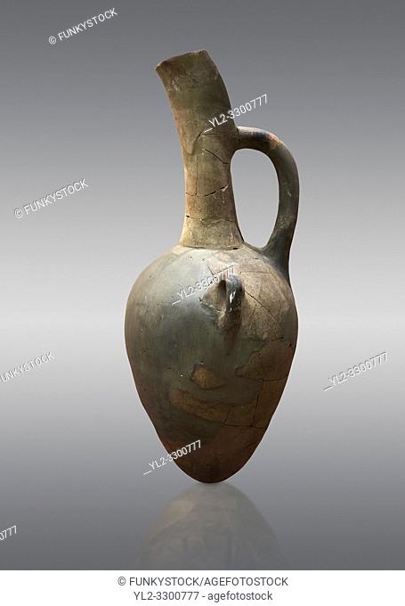 Hittite long neck beak spout pointed base terra cotta vessel. Hittite Old Period, 1650 - 1450 BC. Huseyindede. Çorum Archaeological Museum, Corum, Turkey